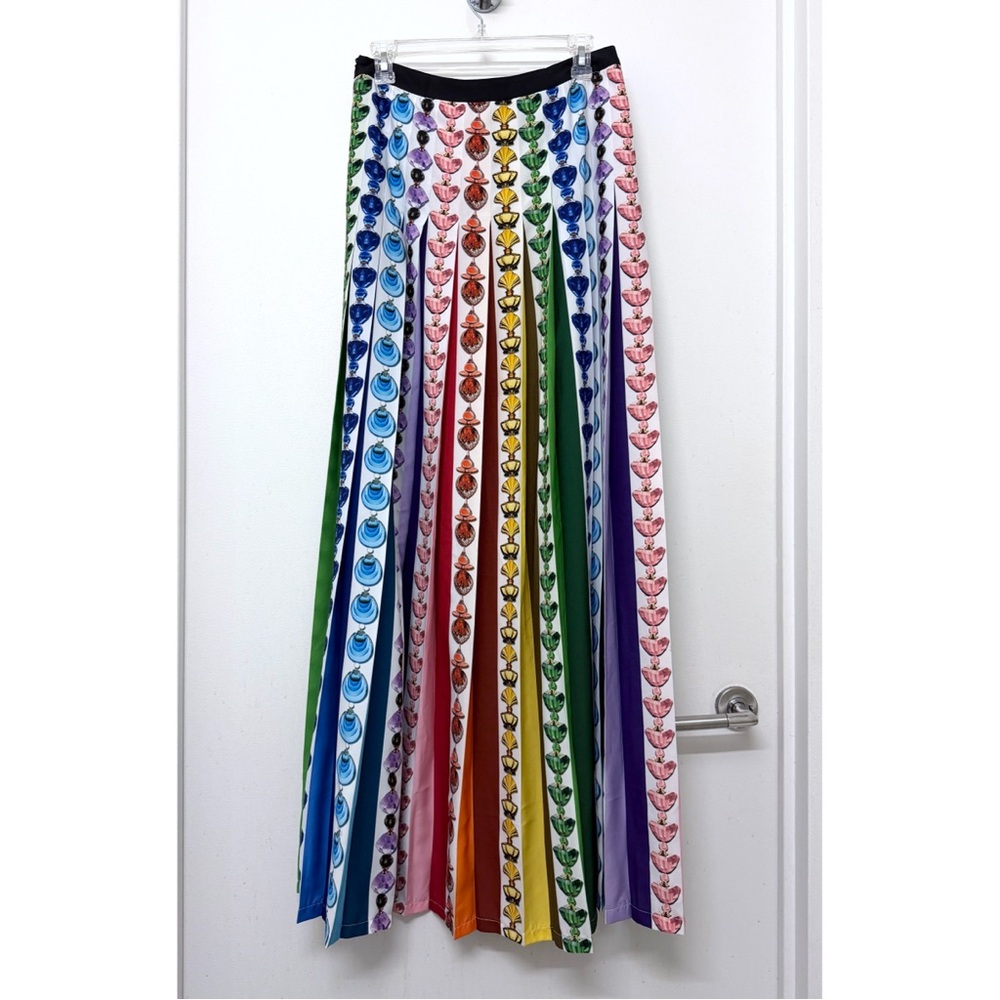 Mary Katrantzou Nyx Perfume Bottle Print Rainbow Stripe Pleated Maxi Skirt US 6 - Picture 12 of 16